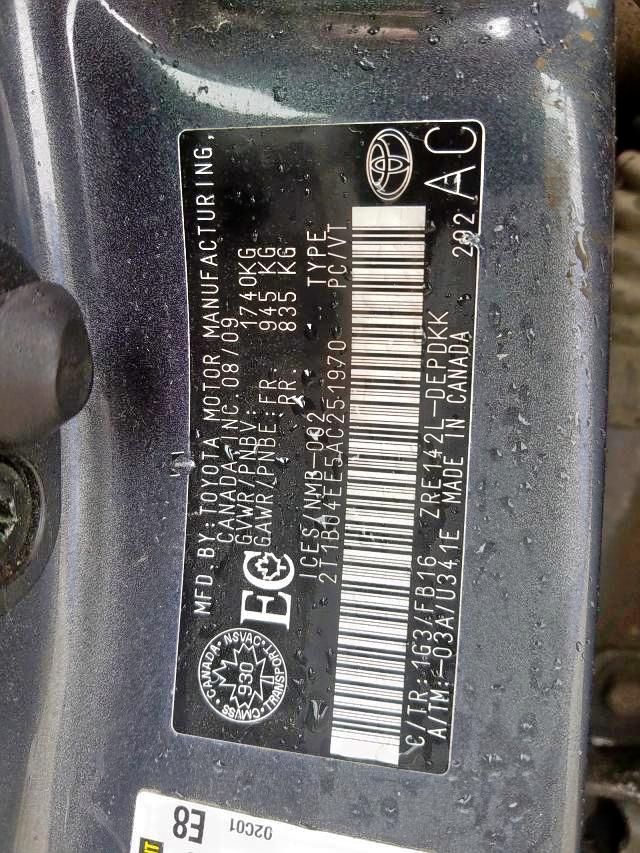 Photo 9 from auction – 2010 TOYOTA COROLLA BA with VIN 2T1BU4EE5AC251970