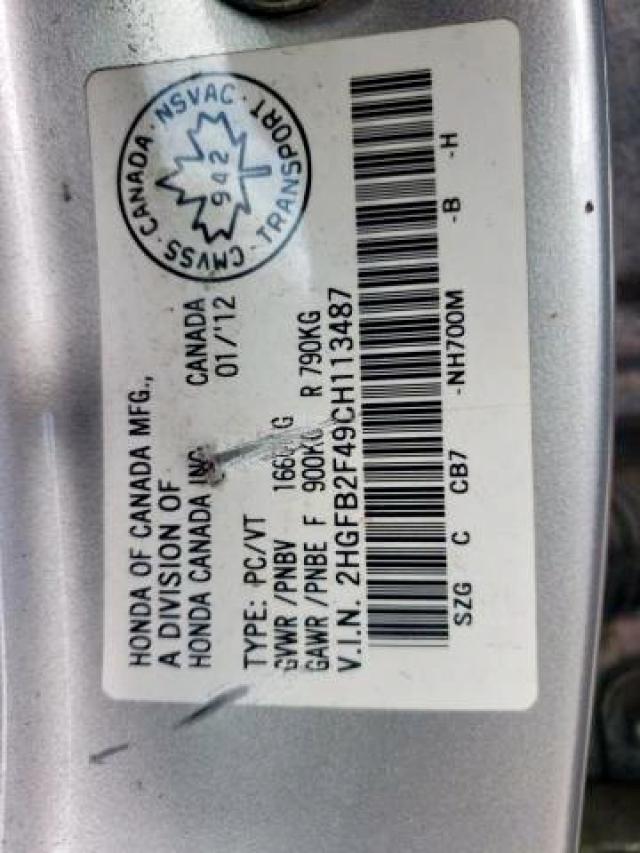 Photo 9 from auction – 2012 HONDA CIVIC LX with VIN 2HGFB2F49CH113487
