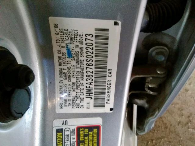 Photo 10 from auction – 2006 HONDA CIVIC HYBR with VIN JHMFA36276S022073