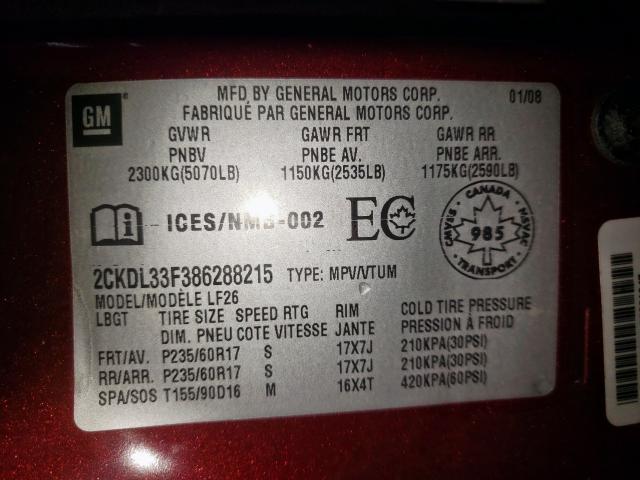 Photo 10 from auction – 2008 PONTIAC TORRENT with VIN 2CKDL33F386288215