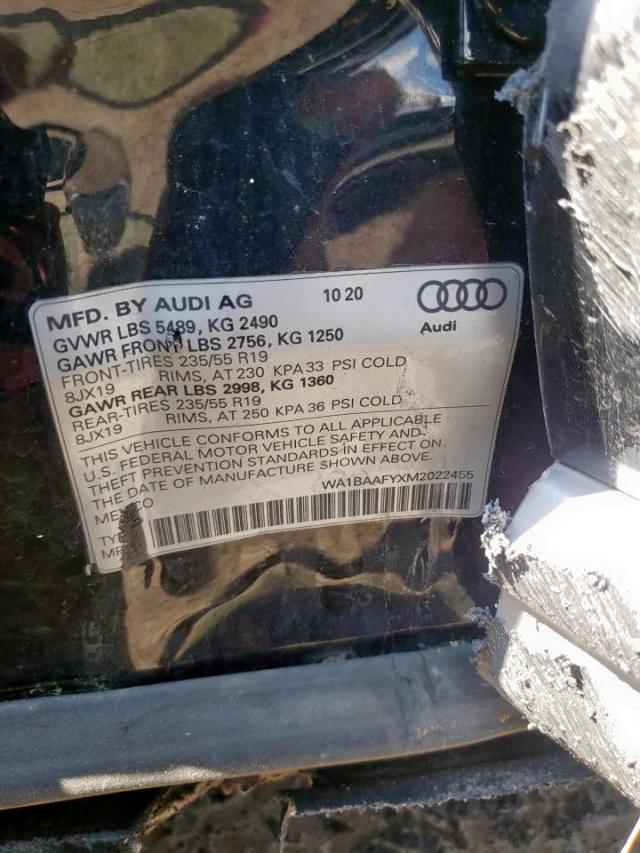 Photo 10 from auction – 2021 AUDI Q5 PREMIUM with VIN WA1BAAFYXM2022455