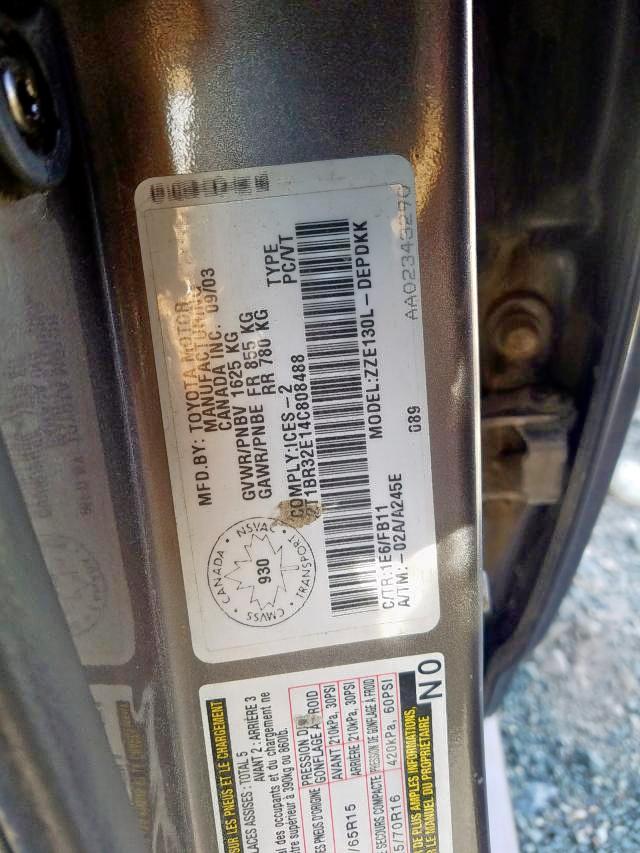Photo 9 from auction – 2004 TOYOTA COROLLA CE with VIN 2T1BR32E14C808488