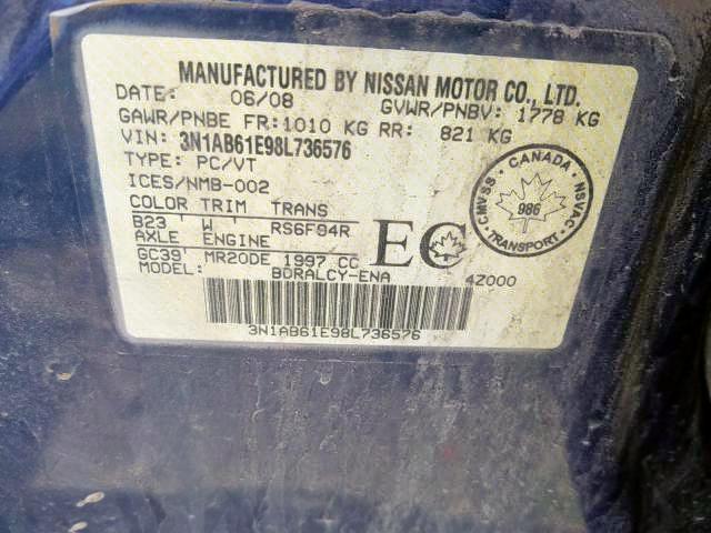 Photo 9 from auction – 2008 NISSAN SENTRA 2.0 with VIN 3N1AB61E98L736576
