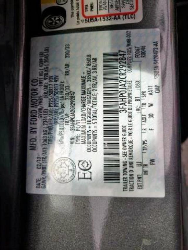 Photo 9 from auction – 2012 FORD FUSION SEL with VIN 3FAHP0JA2CR292847