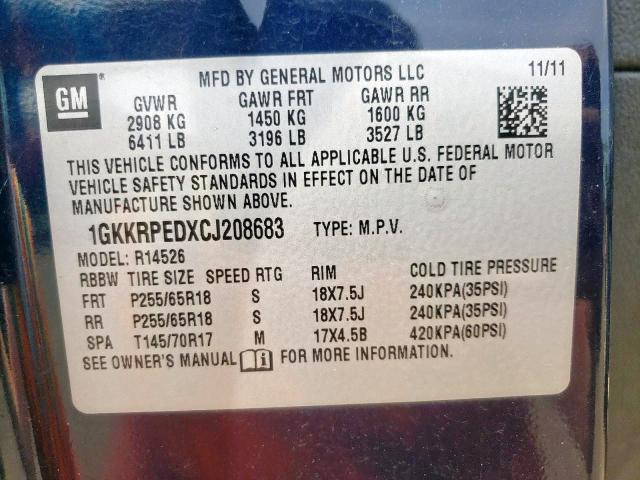 Photo 10 from auction – 2012 GMC ACADIA SLE with VIN 1GKKRPEDXCJ208683