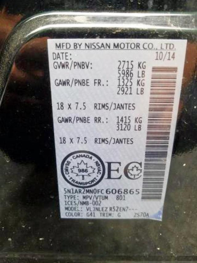 Photo 9 from auction – 2015 NISSAN PATHFINDER with VIN 5N1AR2MN0FC606865