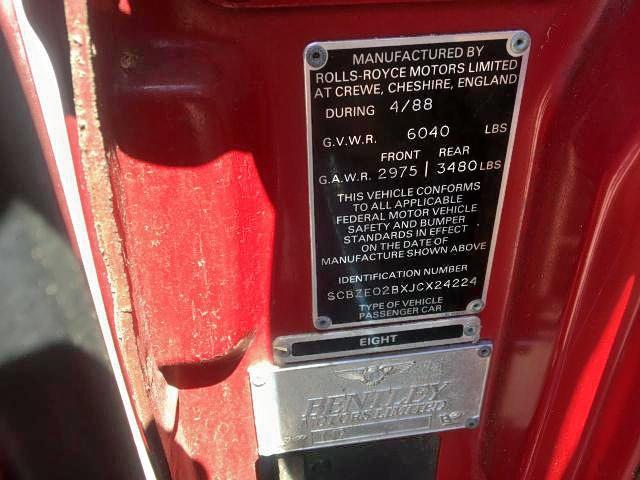 Photo 10 from auction – 1988 BENTLEY EIGHT with VIN SCBZE02BXJCX24224