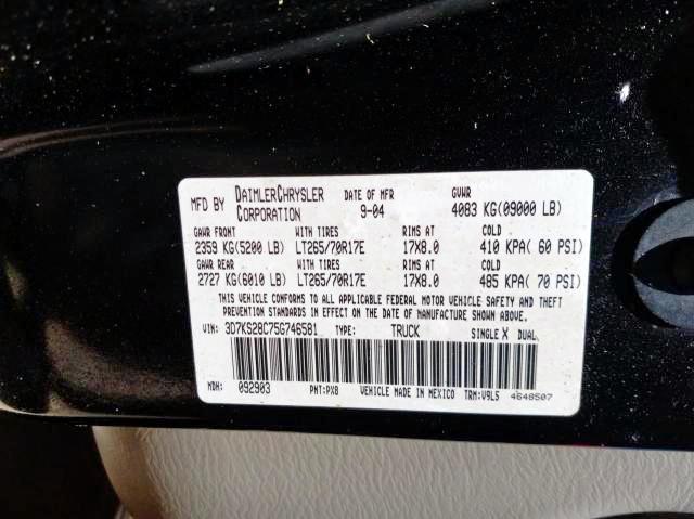 Photo 10 from auction – 2005 DODGE RAM 2500 S with VIN 3D7KS28C75G746581