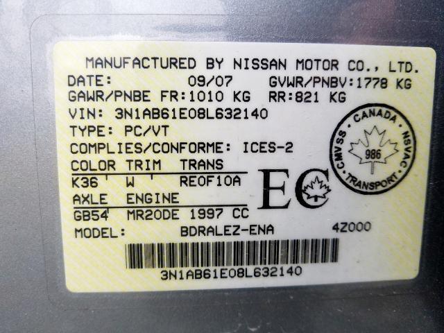 Photo 10 from auction – 2008 NISSAN SENTRA 2.0 with VIN 3N1AB61E08L632140