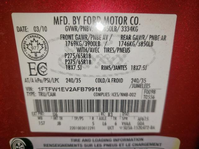 Photo 10 from auction – 2010 FORD F150 SUPER with VIN 1FTFW1EV2AFB79918