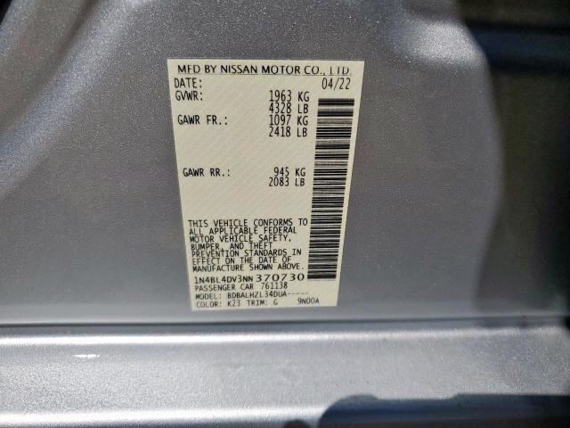 Photo 10 from auction – 2022 NISSAN ALTIMA SV with VIN 1N4BL4DV3NN370730