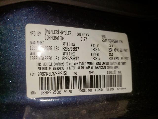 Photo 10 from auction – 2007 CHRYSLER PACIFICA with VIN 2A8GM48L37R326151