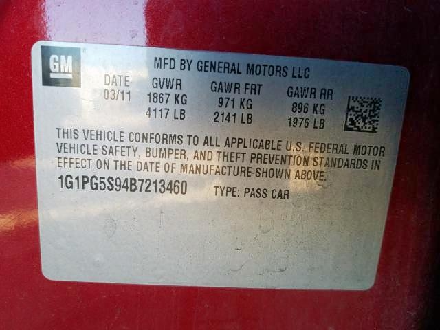 Photo 10 from auction – 2011 CHEVROLET CRUZE LT with VIN 1G1PG5S94B7213460