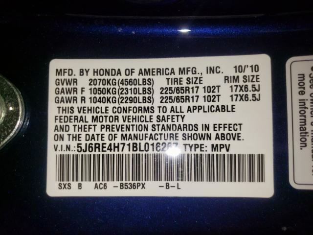 Photo 10 from auction – 2011 HONDA CR-V EXL with VIN 5J6RE4H71BL016267