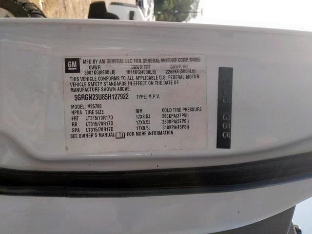 Photo 10 from auction – 2005 HUMMER H2 with VIN 5GRGN23U85H127922