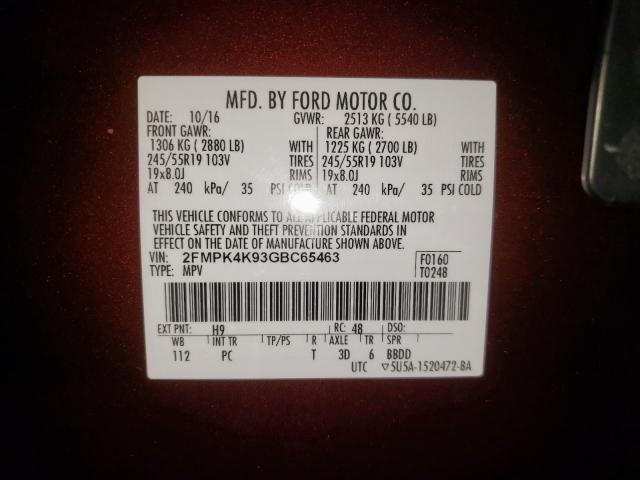 Photo 10 from auction – 2016 FORD EDGE with VIN 2FMPK4K93GBC65463