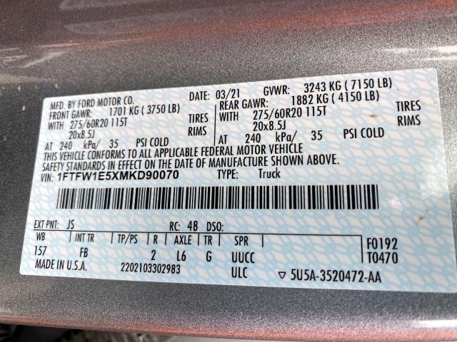Photo 10 from auction – 2021 FORD F150 SUPER with VIN 1FTFW1E5XMKD90070