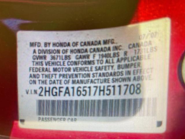 Photo 10 from auction – 2007 HONDA CIVIC LX with VIN 2HGFA16517H511708
