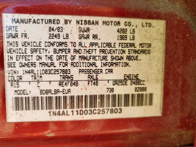Photo 10 from auction – 2003 NISSAN ALTIMA BAS with VIN 1N4AL11D03C257803