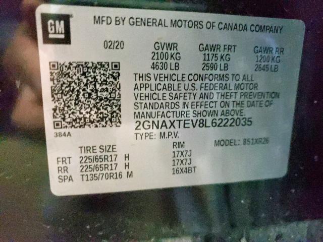 Photo 10 from auction – 2020 CHEVROLET EQUINOX LT with VIN 2GNAXTEV8L6222035