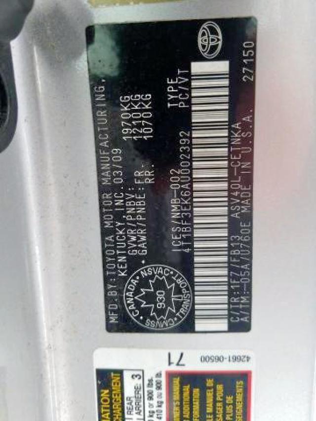 Photo 9 from auction – 2010 TOYOTA CAMRY BASE with VIN 4T1BF3EK6AU002392