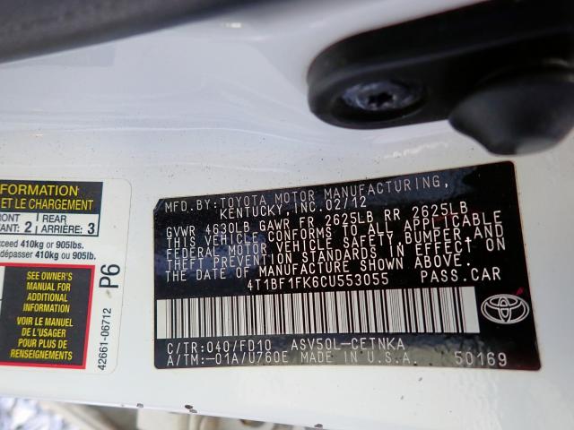 Photo 10 from auction – 2012 TOYOTA CAMRY BASE with VIN 4T1BF1FK6CU553055