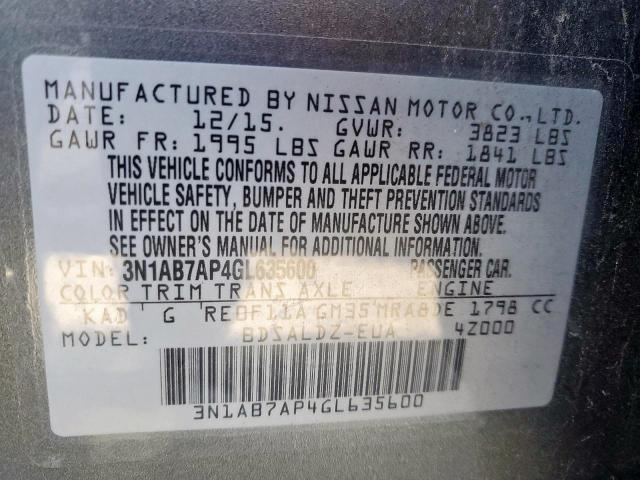 Photo 10 from auction – 2016 NISSAN SENTRA S with VIN 3N1AB7AP4GL635600