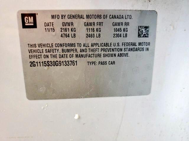 Photo 10 from auction – 2016 CHEVROLET IMPALA LT with VIN 2G1115S30G9133761