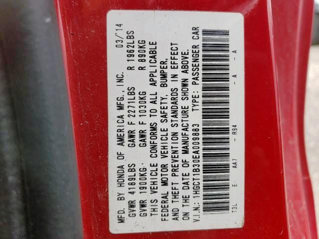 Photo 10 from auction – 2014 HONDA ACCORD LX- with VIN 1HGCT1B30EA009883