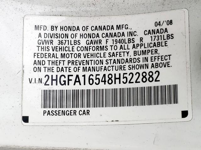 Photo 10 from auction – 2008 HONDA CIVIC LX with VIN 2HGFA16548H522882