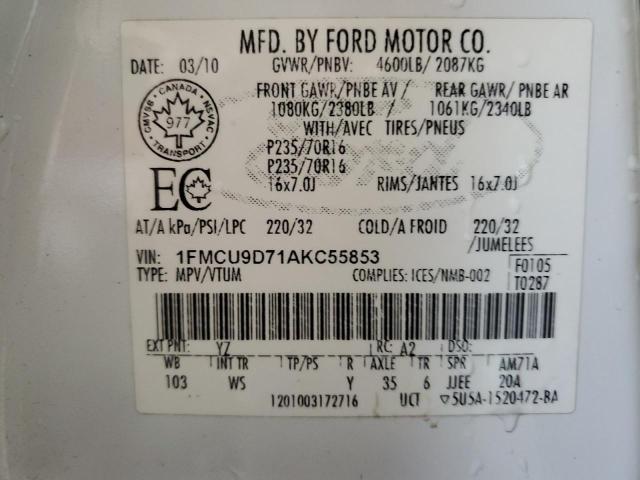 Photo 14 from auction – 2010 FORD ESCAPE XLT with VIN 1FMCU9D71AKC55853