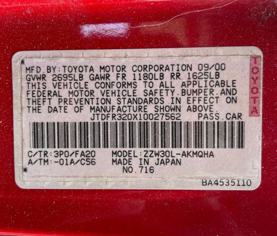 Photo 10 from auction – 2001 TOYOTA MR2 SPYDER with VIN JTDFR320X10027562