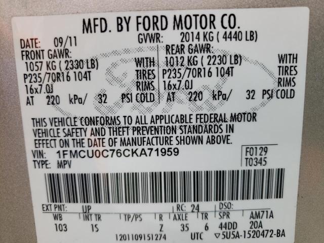 Photo 14 from auction – 2012 FORD ESCAPE XLS with VIN 1FMCU0C76CKA71959
