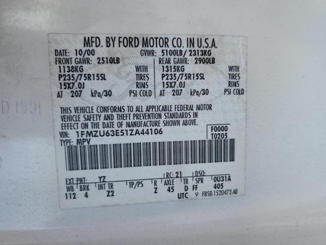 Photo 14 from auction – 2001 FORD EXPLORER X with VIN 1FMZU63E51ZA44106