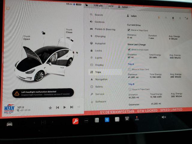 Photo 9 from auction – 2021 TESLA MODEL 3 with VIN 5YJ3E1EBXMF037269