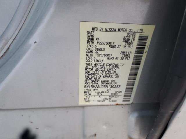 Photo 14 from auction – 2005 NISSAN QUEST S with VIN 5N1BV28U25N139355
