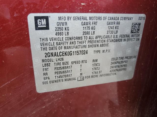 Photo 14 from auction – 2016 CHEVROLET EQUINOX LT with VIN 2GNALCEK0G1157024