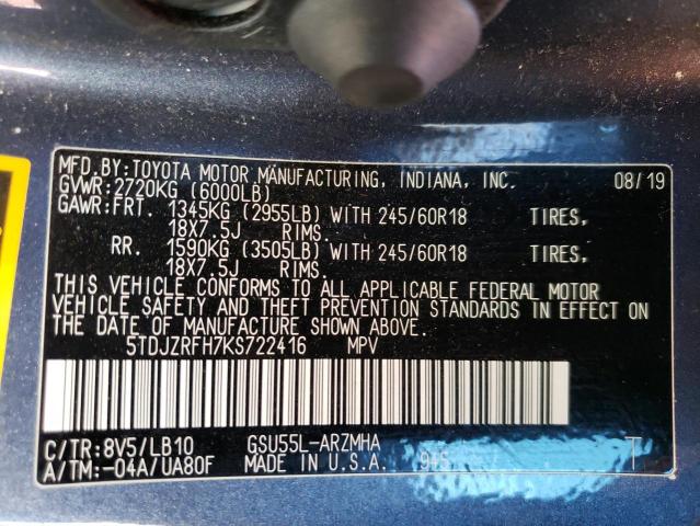 Photo 14 from auction – 2019 TOYOTA HIGHLANDER with VIN 5TDJZRFH7KS722416