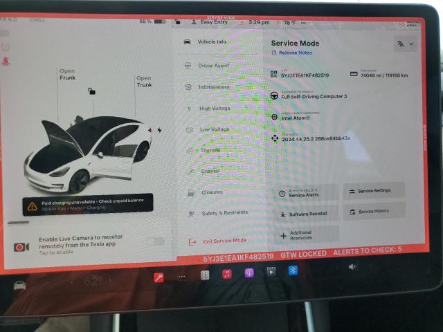 Photo 9 from auction – 2019 TESLA MODEL 3 with VIN 5YJ3E1EA1KF482519