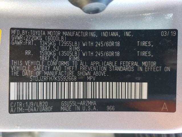 Photo 14 from auction – 2019 TOYOTA HIGHLANDER with VIN 5TDJZRFH7KS592668