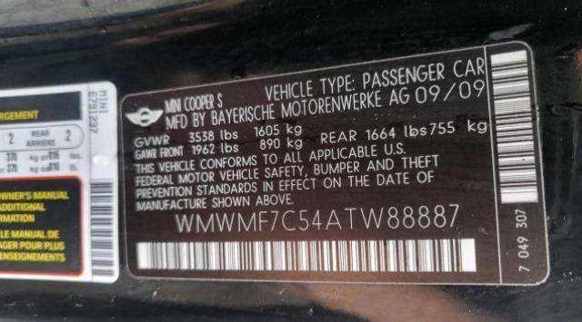 Photo 10 from auction – 2010 MINI COOPER S with VIN WMWMF7C54ATW88887