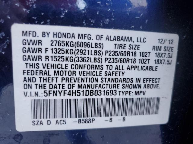 Photo 14 from auction – 2013 HONDA PILOT EXL with VIN 5FNYF4H51DB031693