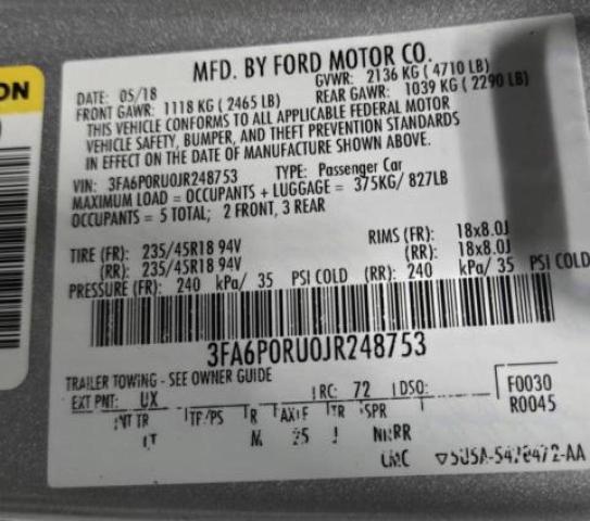 Photo 10 from auction – 2018 FORD FUSION TIT with VIN 3FA6P0RU0JR248753