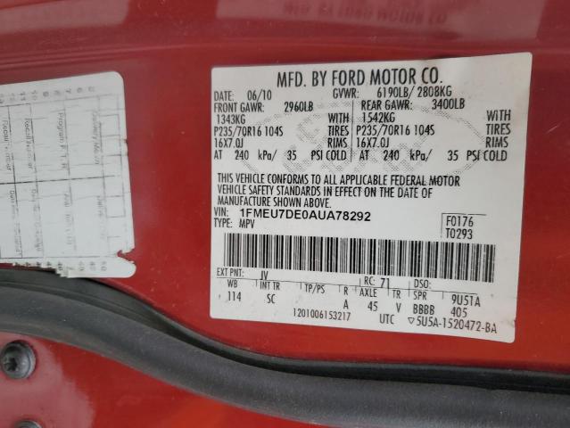 Photo 14 from auction – 2010 FORD EXPLORER X with VIN 1FMEU7DE0AUA78292