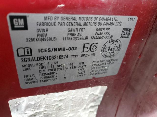 Photo 14 from auction – 2012 CHEVROLET EQUINOX LT with VIN 2GNALDEK1C6210574