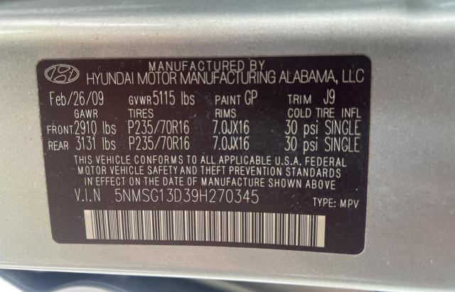 Photo 10 from auction – 2009 HYUNDAI SANTA FE G with VIN 5NMSG13D39H270345