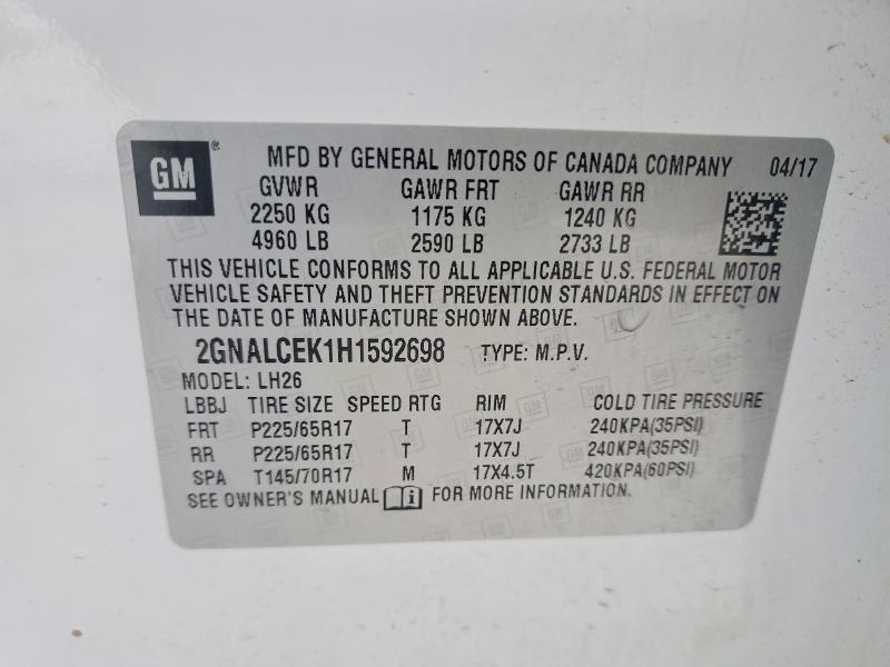 Photo 14 from auction – 2017 CHEVROLET EQUINOX LT with VIN 2GNALCEK1H1592698