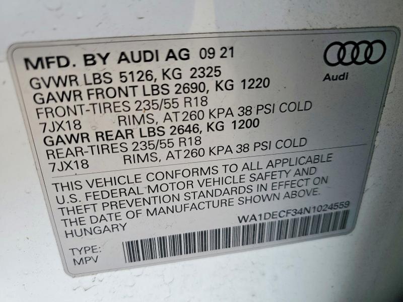 Photo 14 from auction – 2022 AUDI Q3 PREMIUM with VIN WA1DECF34N1024559