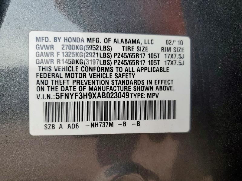 Photo 14 from auction – 2010 HONDA PILOT with VIN 5FNYF3H9XAB023049