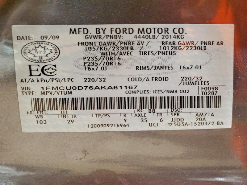 Photo 14 from auction – 2010 FORD ESCAPE XLT with VIN 1FMCU0D76AKA61167
